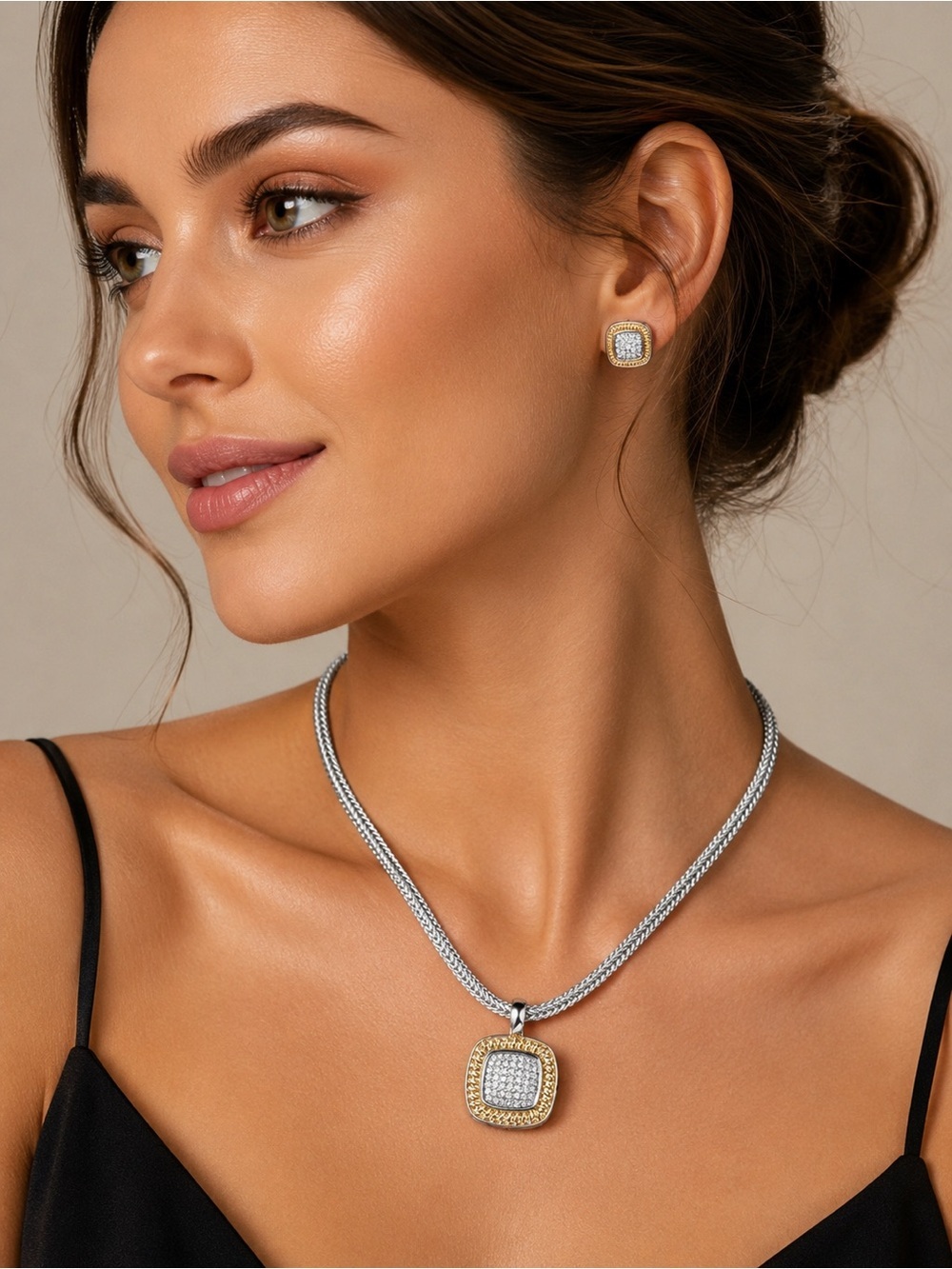 Two-Tone Silver & Gold Square CZ Pendant Necklace & Stud Earrings Jewelry Set